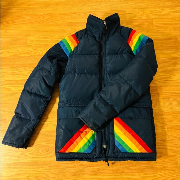 Vintage Jackets & Blazers - Vintage 70s Prime North Navy Blue Rainbow Stripe Ski Winter Down Jacket VGUC Sm